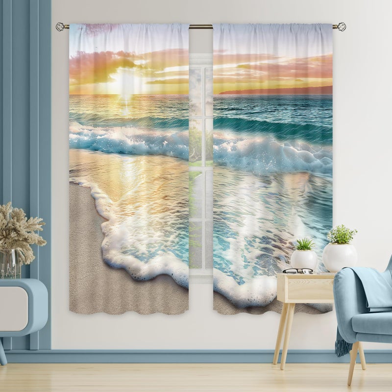 Cinbloo Beach Curtains 42Wx63L Inch Rod Pocket Tropical Curtains Coastal Nautical Hawaiian Scenery Bedroom Decor Ocean Landscape Seashore Scenic Sea Beachy Living Room Window Drapes Fabric 2 Panels - Image 1